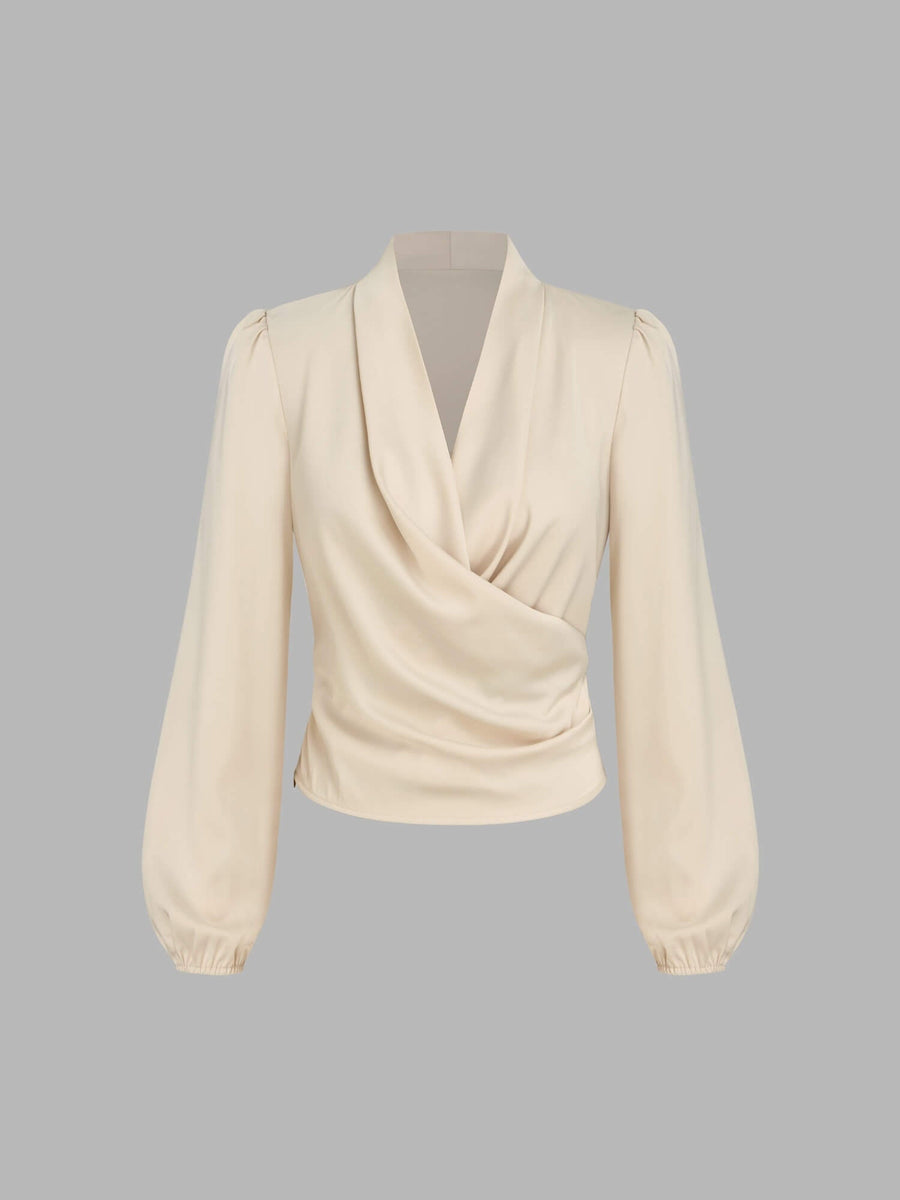 Satin V-neck Wrap Zip Long Sleeve Blouse