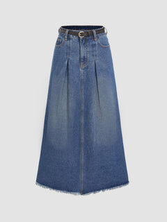 Denim High Waist Pleated Belted Maxi Skirt