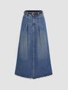 Denim High Waist Pleated Belted Maxi Skirt